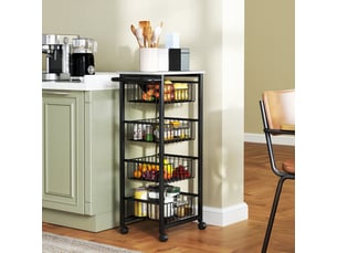 Desserte de cuisine avec 4 paniers et poignée sur roulettes pour cuisine et bar, en mdf et acier, gris clair, 49,5×31×91 cm