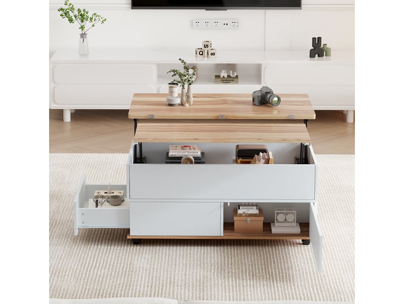  Table basse relevable 100 x 98 x 65 cm avec rangement, roulettes, blanc et bois  - Conforama B