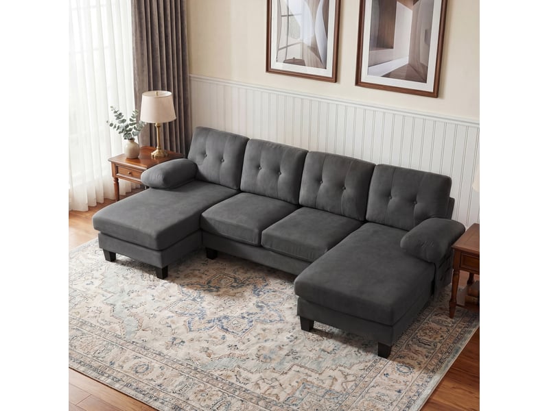  Canapé panoramique en u 4 places en tissu chenille gris avec doubles méridiennes  - Conforama D