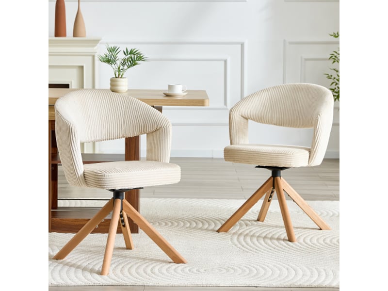 2 chaises pivotantes rétro luxe en velours écru à rayures verticales, pieds bois massif, rotation 360° silencieuse - Conforama B