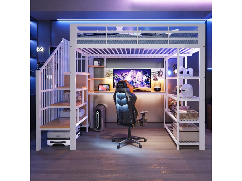  Lit mezzanine 140x200 cm, lit enfant, bureau, panneau perforé, étagères, barrière antichute, led, bois et métal blanc  - Conforama D