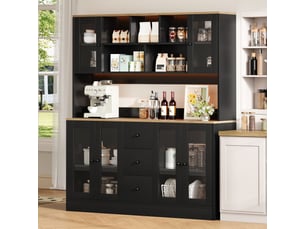 Buffet de cuisine haut 150x40x173 cm, meuble vaisselle avec 6 portes et 3 tiroirs, grand rangement cuisine noir et bois naturel