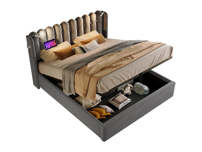  Lit coffre tcqpz double 160 x 200 cm avec liseuse, fonction charge usb, tête de lit avec rangement, velours gris  - Conforama A