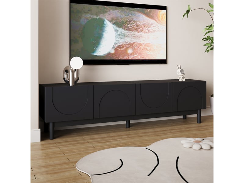  Meuble tv noir 169 cm à 4 portes ondulées, design sans poignée, pieds en bois massif, rangement multimédia  - Conforama E