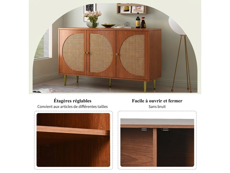  Buffet 3 portes rotin meuble de rangement noyer 130 cm - pieds métal  - Conforama W