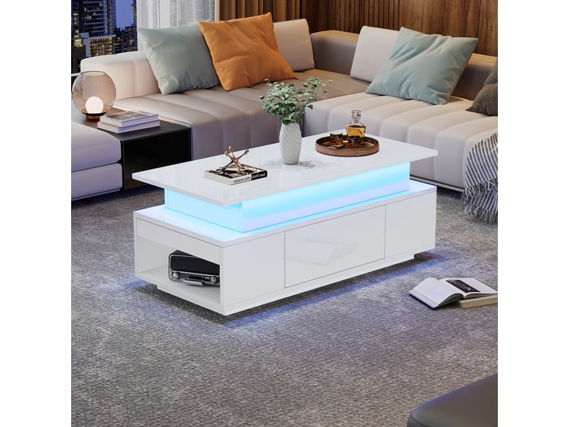  Table basse relevable blanche avec rangement caché, plateau hydraulique et éclairage led, 96x45x40cm  - Conforama E