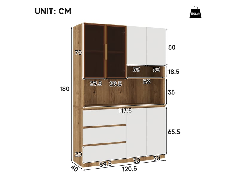  Buffet haut led 120,5 x 40 x 180 cm meuble de rangement cuisine avec 6 portes, 3 tiroirs et espace micro-ondes, blanc bois naturel Radiant Stride - Conforama C