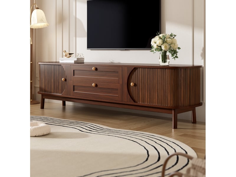 Meuble télévision 170 x 39,5x 46 cm bas rangement portes à lames tiroirs poignées arrondies pieds bois mdf noyer  - Conforama B