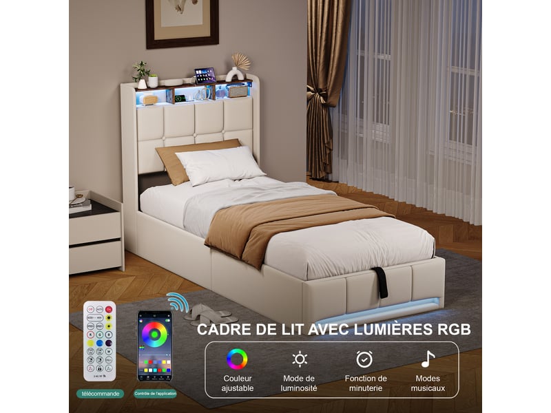  Lit enfant coffre 90x200 cm avec rangements, lit simple, tête de lit à ailes avec niche intégrée, tissu lin beige, sans matelas  - Conforama D