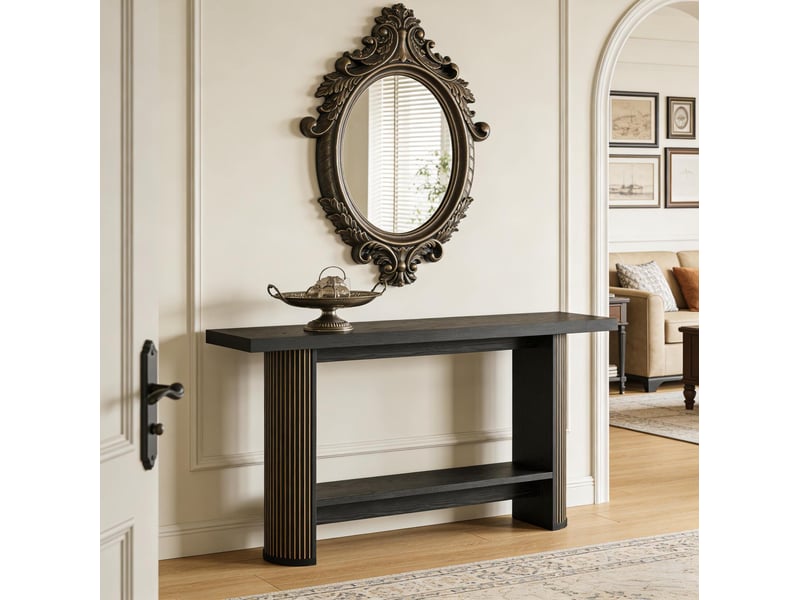  Console étroite 140x30x80 cm noire avec étagère ouverte  - Conforama D