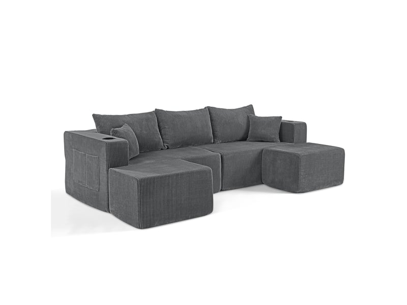  Canapé d’angle modulable,230x138x75 cm,3 places avec ottomans,velours côtelé,gris  - Conforama D
