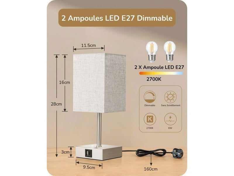  Lampe à poser tactile lot de 2 beige 2700k usb a c e27 370618_AABJN44654_6_DROPFR - Conforama D