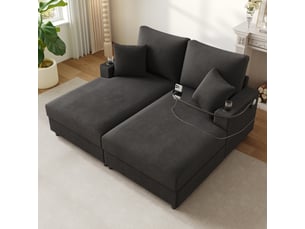 Canapé-lit 2 places 163 x 140 x 82 cm, avec support téléphone 360°, usbusb-c, 2 porte-gobelets, 2 coussins, tissu côtelé - gris