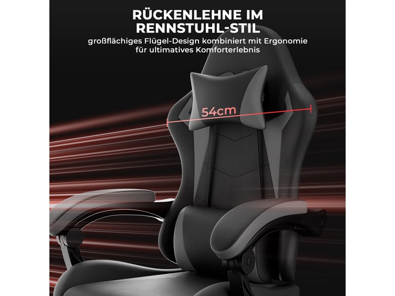  Chaise de bureau 66 x 52 x 117–127 cm - chaise de gaming ergonomique avec repose-pieds rétractable, coussin lombaire et têtière - noir et gris  - Conforama E