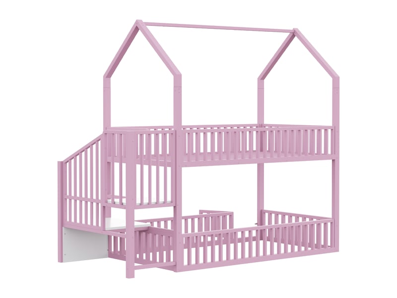  Lit superposé 90x200 cm en métal avec toit cabane, escalier de rangement et petite porte au niveau inférieur rose Fay Lum - Conforama E