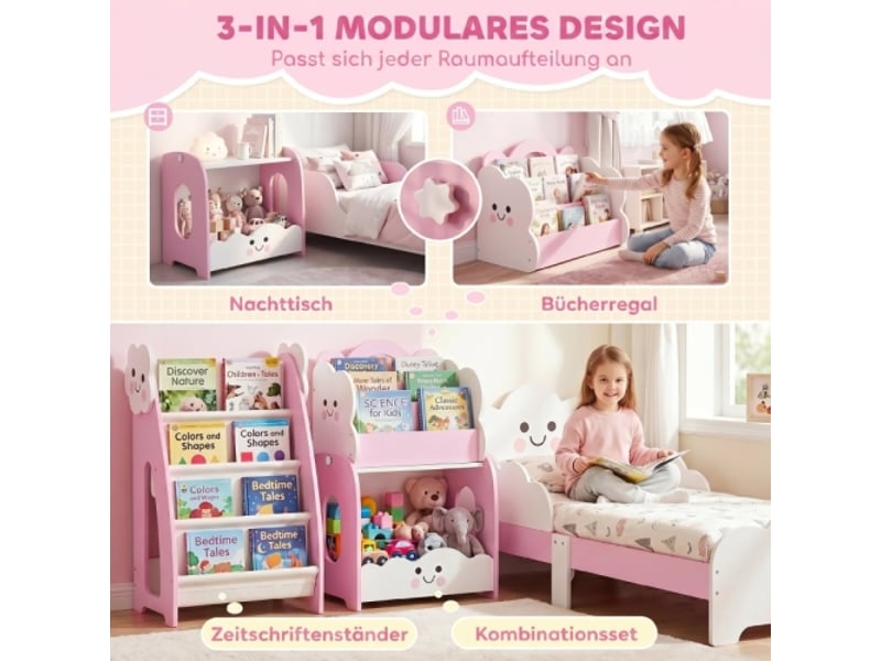 Meuble rangement enfant 3 en 1 rose, bibliothèque modulable, 4 poches, 3 niveaux, table de chevet - Conforama D