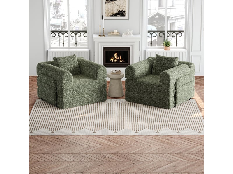  Canapé convertible 2 places - 184x91x70cm - chauffeuse lit chenille, poches rangement, cadre acier - vert olive  - Conforama C