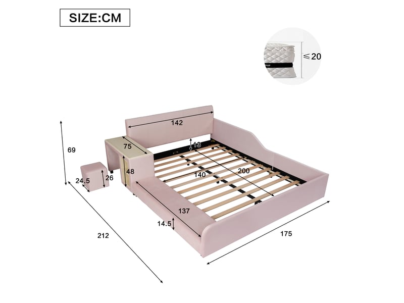 Lit enfant 140x200 cm avec bureau, tabouret et étagère en velours rose - Conforama C
