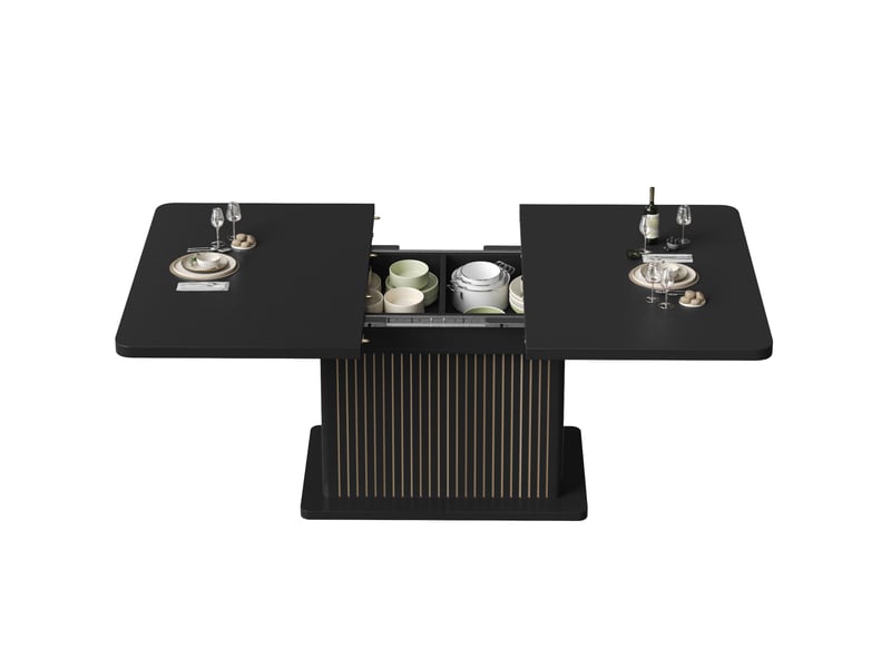  Table extensible avec rangement caché, portes sans poignées et étagères latérales pour salle à manger en mdf noir  - Conforama A