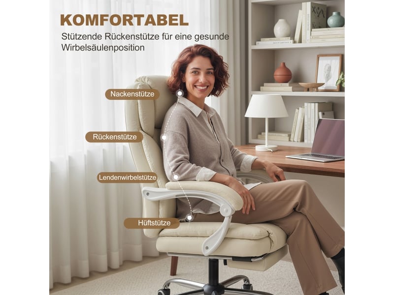  Chaise de bureau inclinable 155° avec repose-pieds - lpospi - pivotante réglable, simili cuir beige, 64 × 73 × 112-120 cm  - Conforama E