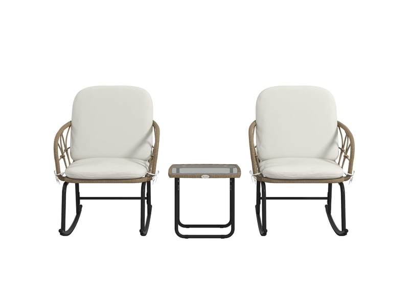  Salon de jardin 3 pièces 2 fauteuils à bascule et table en résine tressée crème  - Conforama B