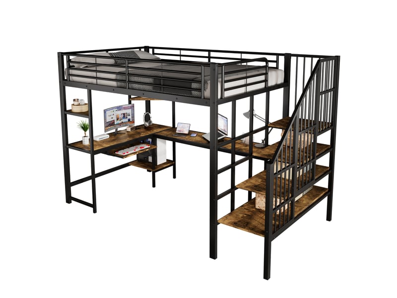 Lit mezzanine 120x200 cm avec bureau, escalier d'angle et port de charge, noir - Conforama A