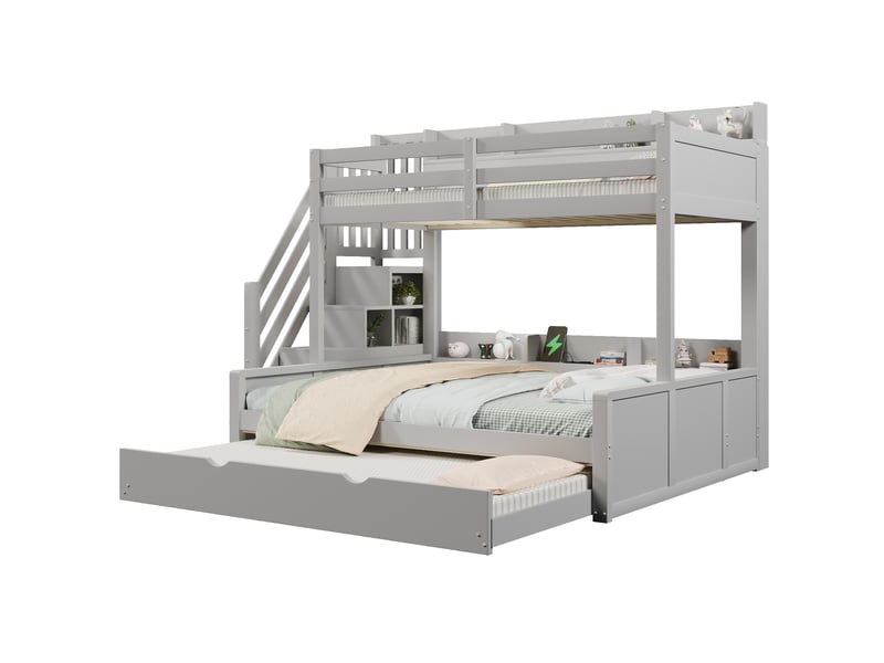 Lit superposé 4 places 90 × 200 cm et 140 × 200 cm, lit gigogne 90 × 190 cm, usb, rangement, sans matelas, bois gris - Conforama A