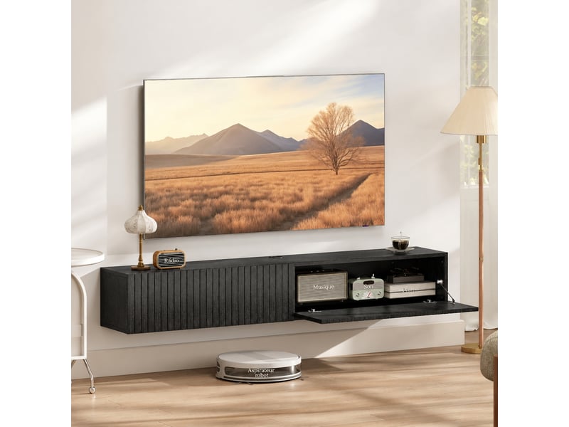  Meuble tv suspendu avec 2 portes abattantes cannelées, mdf mélaminé, passe-câbles, noir, 140 x 25 x 22 cm  - Conforama B