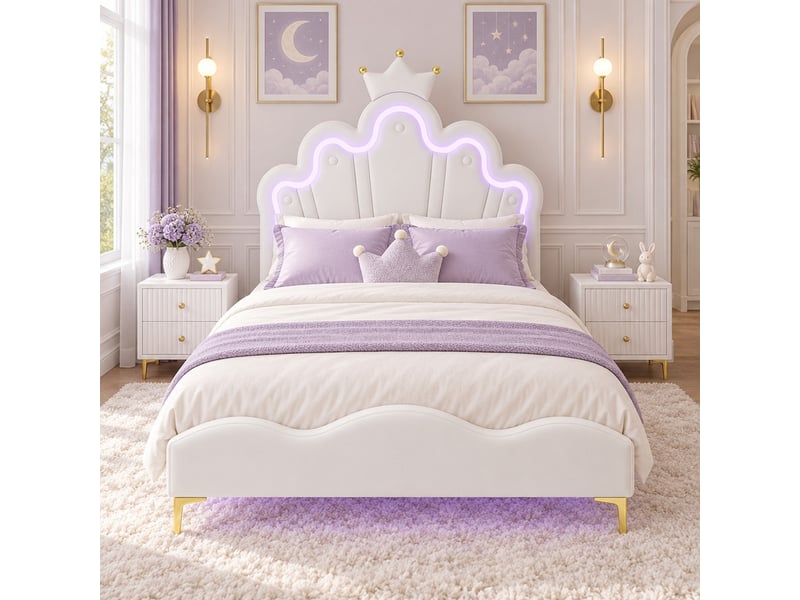 Lit enfant 1 place 90x200 cm, lit princesse simple, led, tête de lit en forme de couronne, mdf, similicuir pu blanc - Conforama B