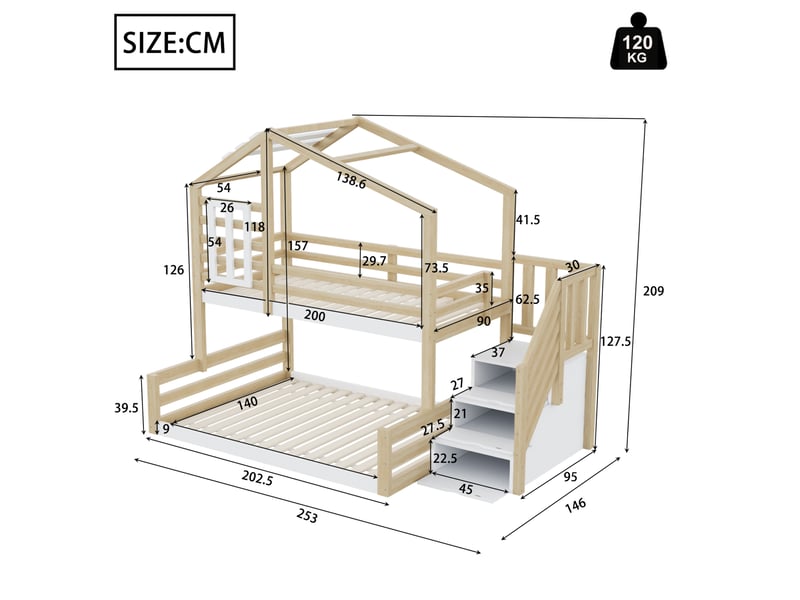  Modenvie lit superposé cabane 90x200140x200 cm - avec escalier de rangement, sans matelas - naturel  - Conforama C