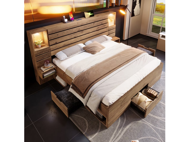  Lit double adulte 180x200 cm, tiroirs, chevets, niche éclairée, usb type-c, spots éclairage led, mdf+métal, chêne, sans matelas  - Conforama B