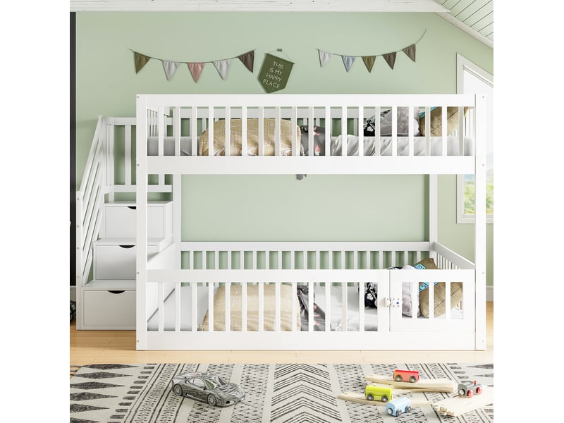 Lit superposé enfant 140x200 cm – blanc – escalier sécurisé avec 3 tiroirs de rangement – sans matelas - Conforama B