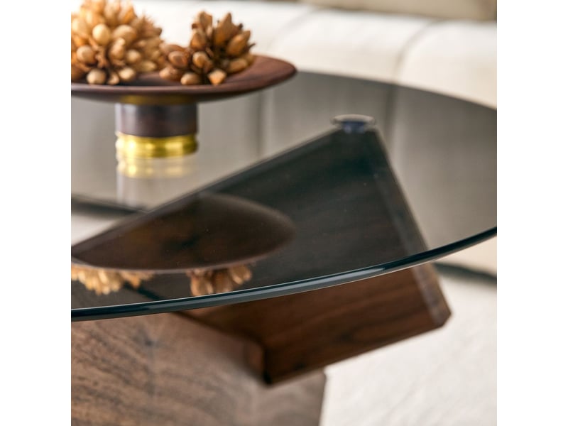  Table basse plateau rond en verre piètement designer stable aspect bois effet marbre style moderne  - Conforama D