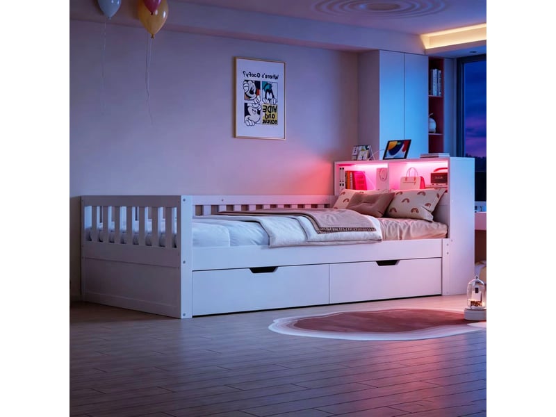  Lit avec rangement 90x200 cm coloris blanc led bois massif  - Conforama E