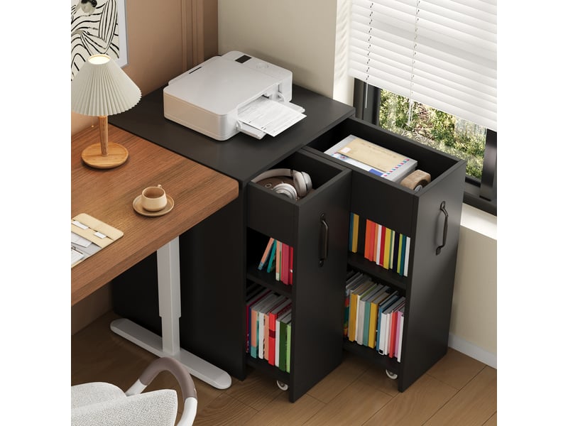  Bibliothèque à roulettes noire, meuble de rangement mobile pour bureau avec tiroirs extensibles, configuration réversible, 52x50x75cm.  - Conforama B