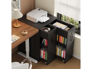 Bibliothèque à roulettes noire, meuble de rangement mobile pour bureau avec tiroirs extensibles, configuration réversible, 52x50x75cm.