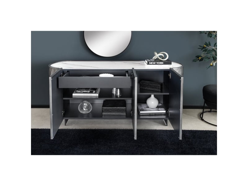  Buffet 150 cm 3 portes 1 tiroir gris et marbre blanc – collection milano  - Conforama C