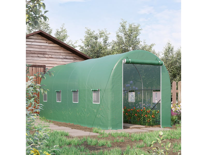Serre tunnel 500 x 200 x 205 cm, serre de jardin avec porte enroulable et 8 fenêtres, bâche en polyéthylène 140 gm² verte - Conforama C