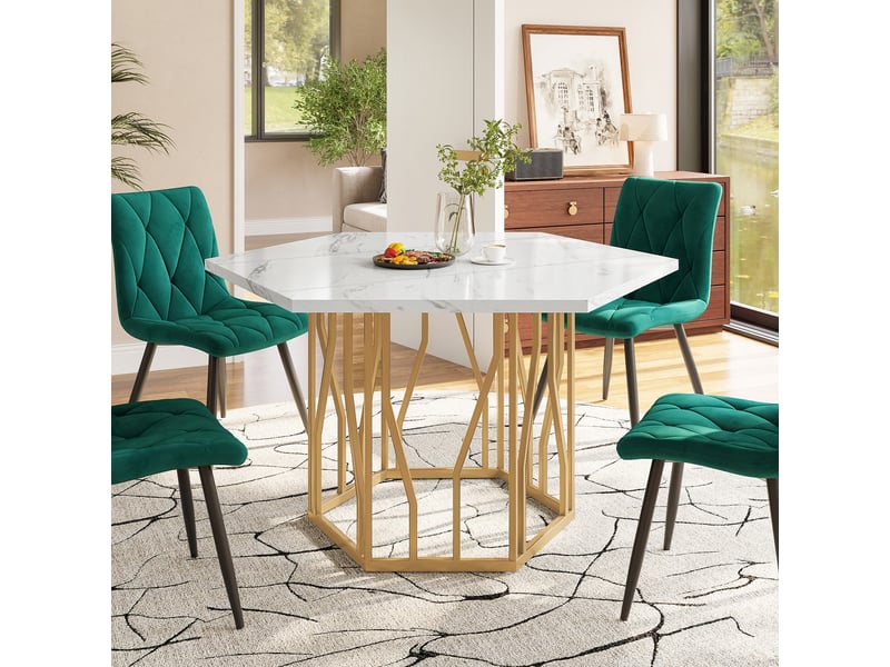  Table de salle à manger hexagonale en mdf et acier pour salle à manger 115,5×100×75 cm blanc et doré  - Conforama C