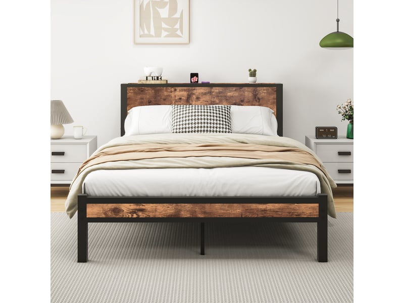  Lit double 140x200 cm avec sommier à lattes, cadre de lit avec tête de lit et espace de rangement, brun vintage, lit 2 personnes  - Conforama A