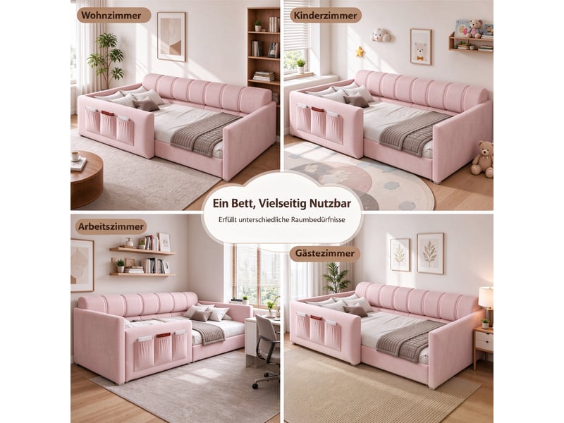 Lit banquette enfant 90x200 cm avec poches latérales de rangement, lit simple à dossier épais rembourré, sommier à lattes, velours, rose Morn Vibe - Conforama E