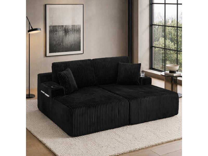 Canapé convertible 2 places avec porte-gobelet et poche latérale - coussins amovibles, velours côtelé noir - Conforama C