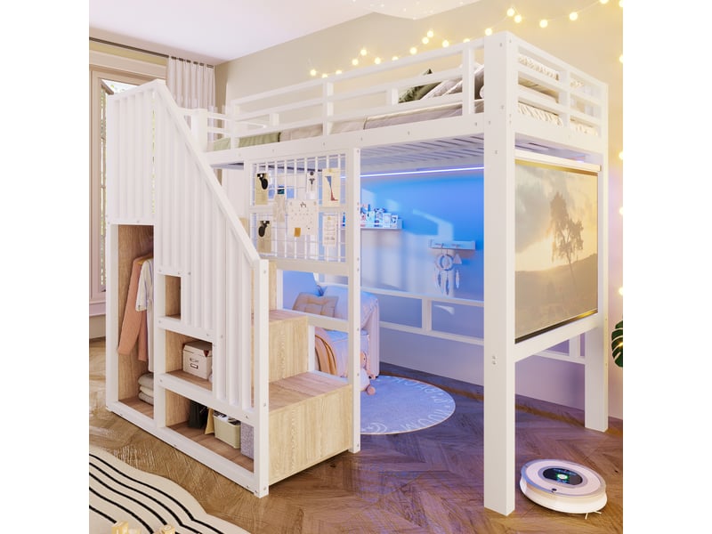  Lit mezzanine 90x200 cm avec led, escalier de rangement, panneau grillagé, support projecteur et sommier, gain de place en métal, blanc Sol Morn - Conforama B