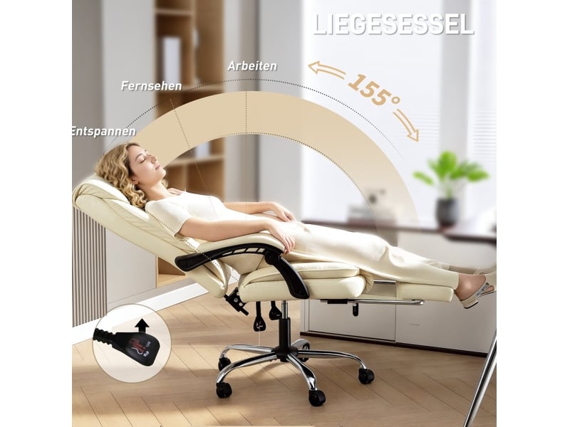  Fauteuil de bureau ergonomique beige et noir en cuir régénéré, inclinable à 155° avec repose-pieds rétractable  - Conforama E