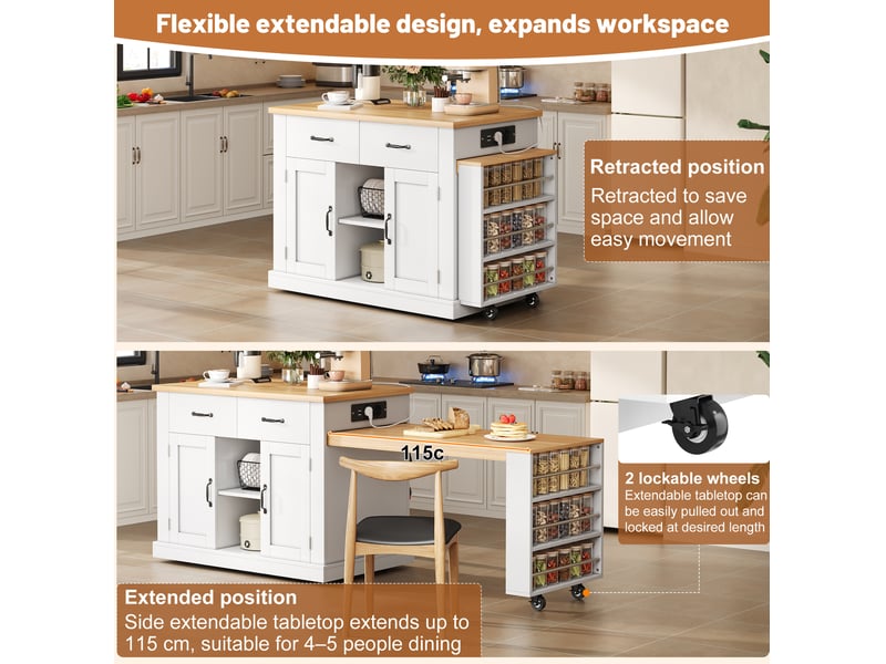  Desserte de cuisine mobile avec 2 tiroirs, plans extensibles, prises et ports usb, blanche, 142 × 55 × 93 cm  - Conforama E