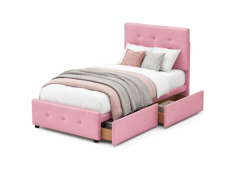  Lit simple 200×90 cm avec tiroir de rangement et sommier à lattes, revêtement en velours rose  - Conforama A