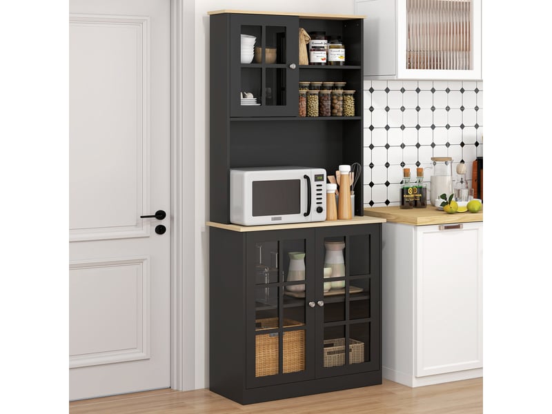  Buffet de cuisine, armoire haute, meuble avec plan de travail, 3 portes vitrées, noir, 72 x 37 x 183 cm  - Conforama D
