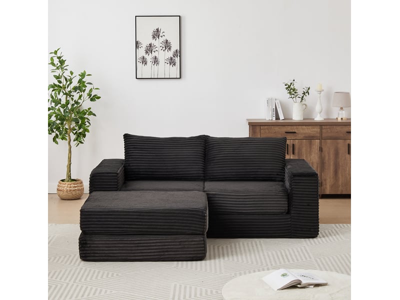  Canapé convertible ulevr 2 places modulable avec pouf amovible en velours côtelé noir  - Conforama D