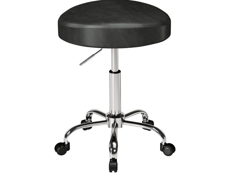  Tabouret de salon à roulettes noir en cuir régénéré, réglable de 52 à 67,5 cm, pivotant à 360° pour espaces compacts  - Conforama A