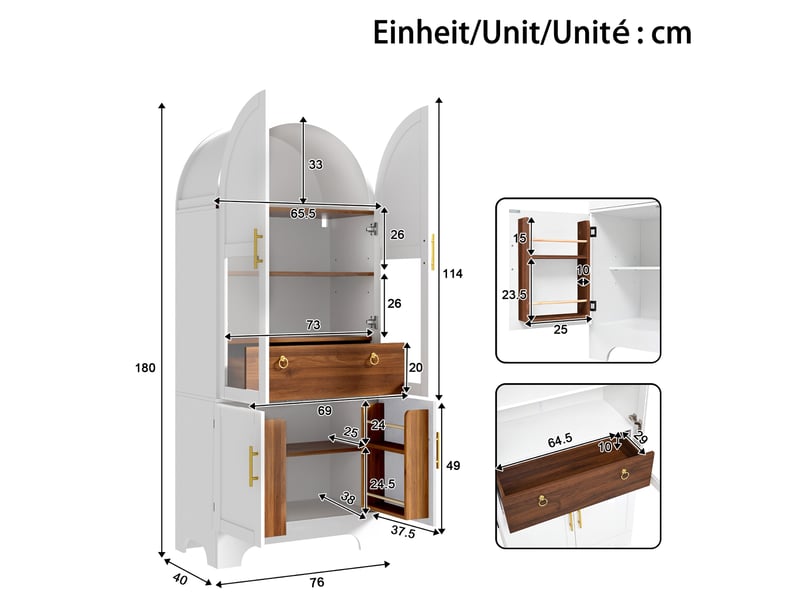  Buffet haut avec 4 portes et 1 tiroir et led 76x40x180 cm, blanc  - Conforama C